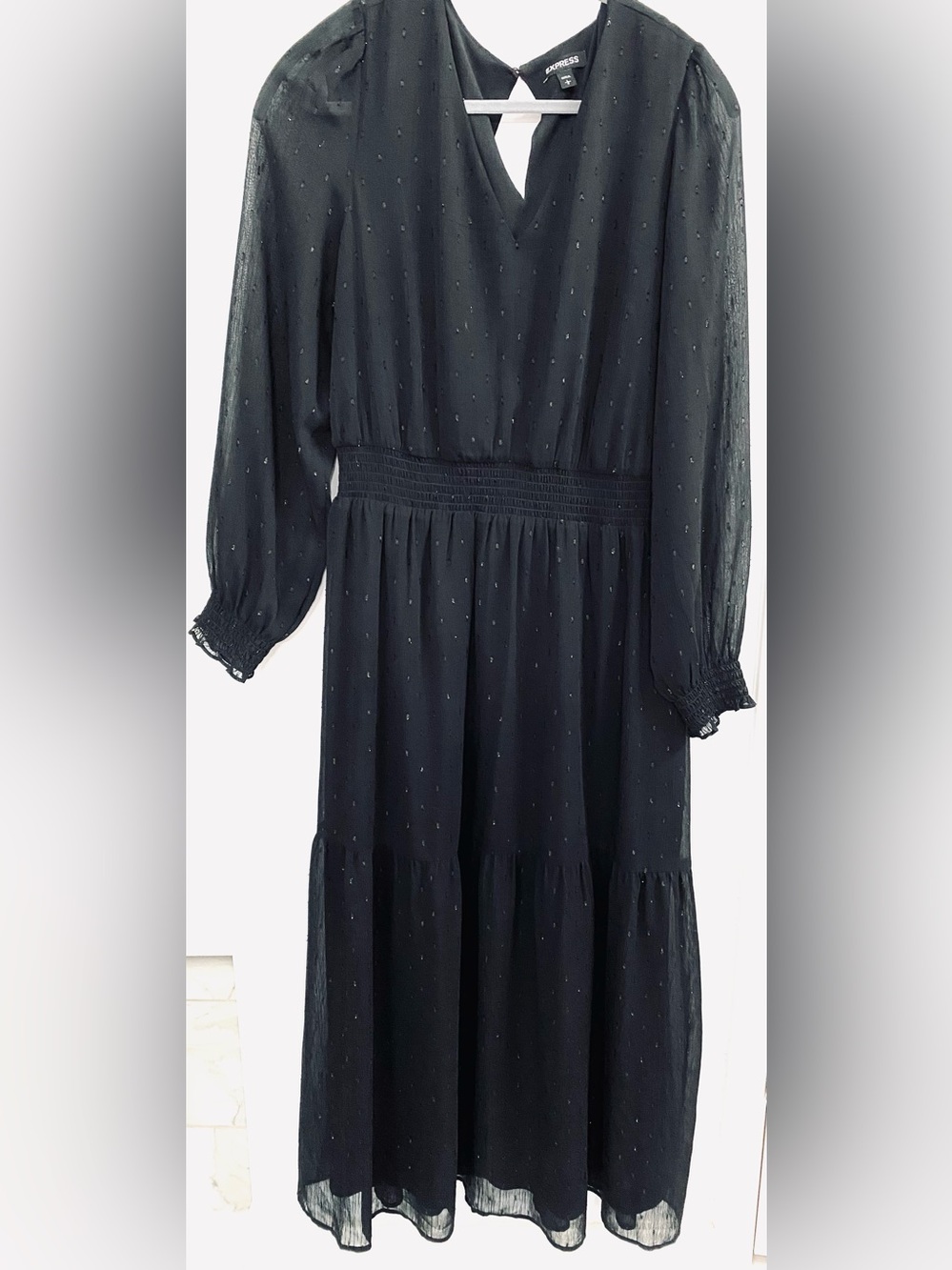 Express Black Long Sleeve Smocked-Waist Midi Dress